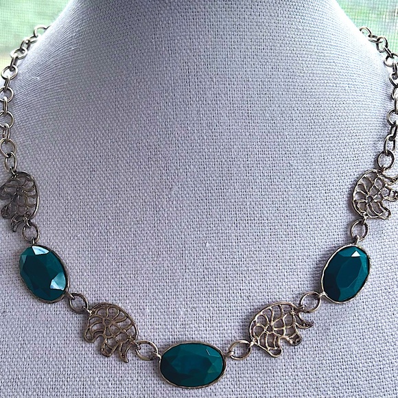 Om Shanti Elephant And Green Stone Chain Link Necklace - Picture 1 of 11